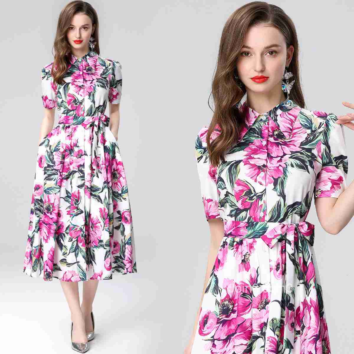 Summer New Womens Clothing Style Collar Short Sleeve Waist for Slimming Printed Long Dress