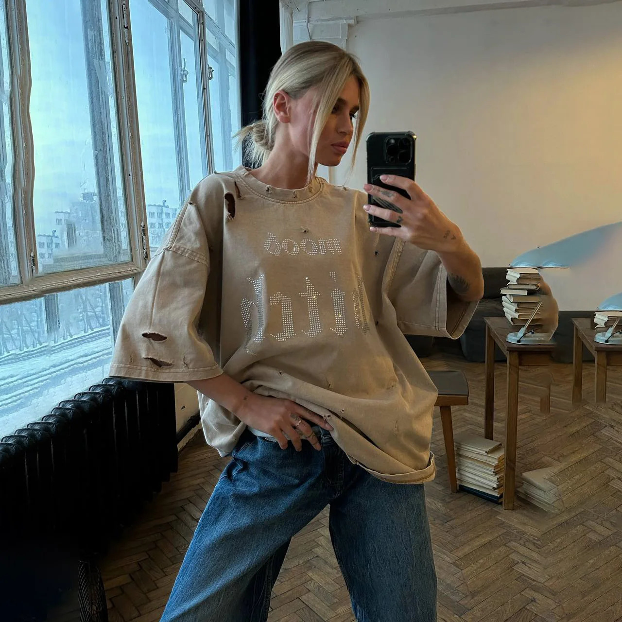 Raggedy Style Design Pullover T-shirt Spice Drill Letters Big Version Loose Casual Short Sleeve Female Summer 250220