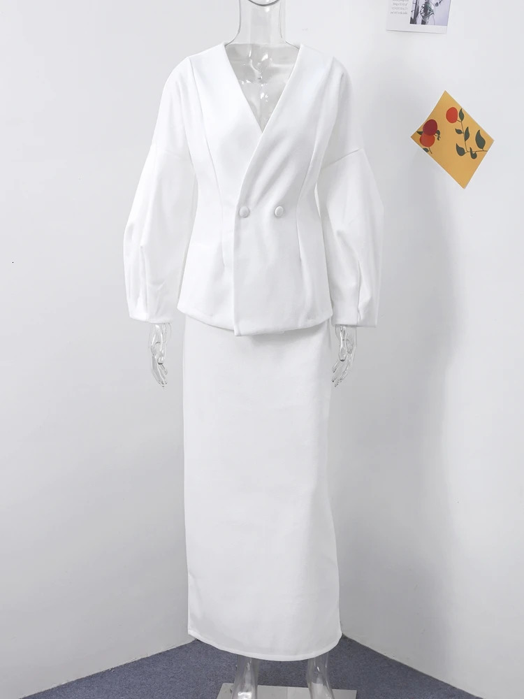 Elegant Puff Sleeve Slim Fit High Waist Women Coat Skirt Sets Fashion V Neck Solid Button Lady 2 Piece Set 2025 Chic Street Wear 250222