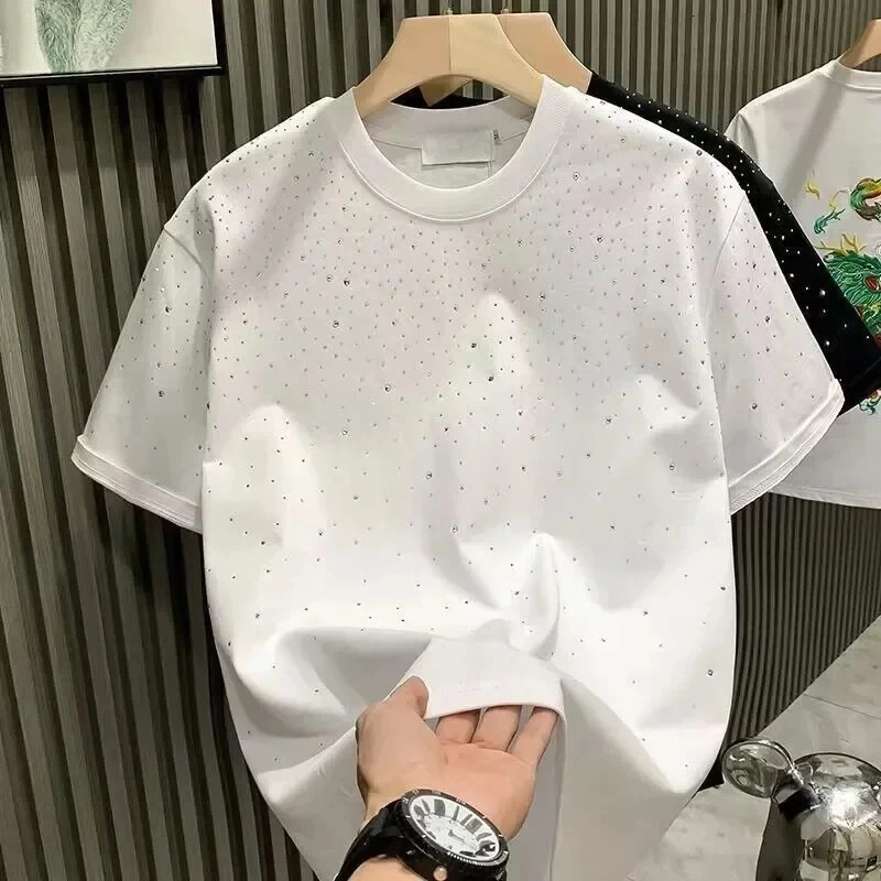 Summer Men Clothing Summer Rhinestone Rivet T-shirt Round Neck Casual T-shirt Korean Version Mens Short Sleeves Tee 250222