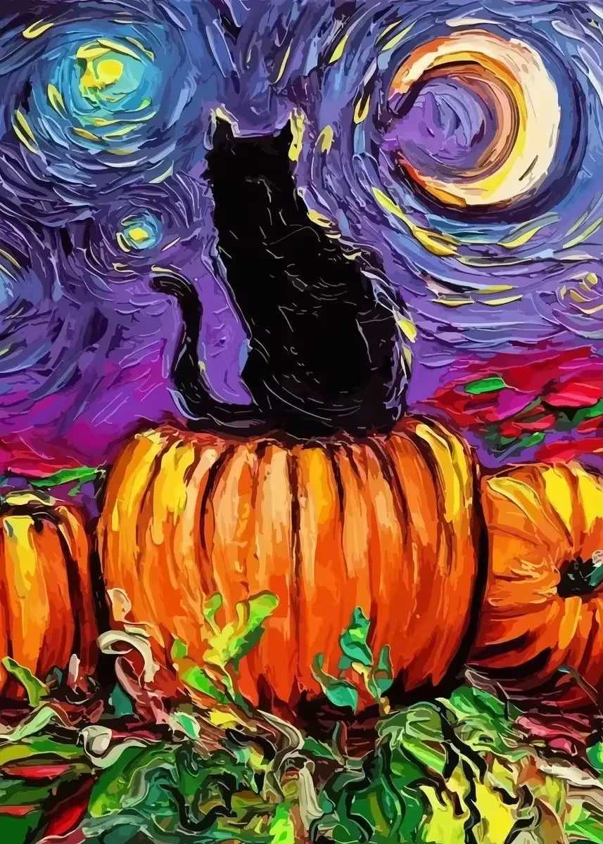 Funny Black Cat Starry Night Van Gogh Artwork Canvas Oil Painting Abstract Cute Wall Art Poster Print for Ro He Decor Y250218