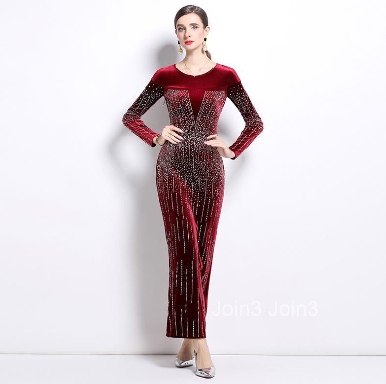 Autumn/winter New Womens Clothing Style Velvet Hot Diamond Long Sleeve Slimming Long Dress