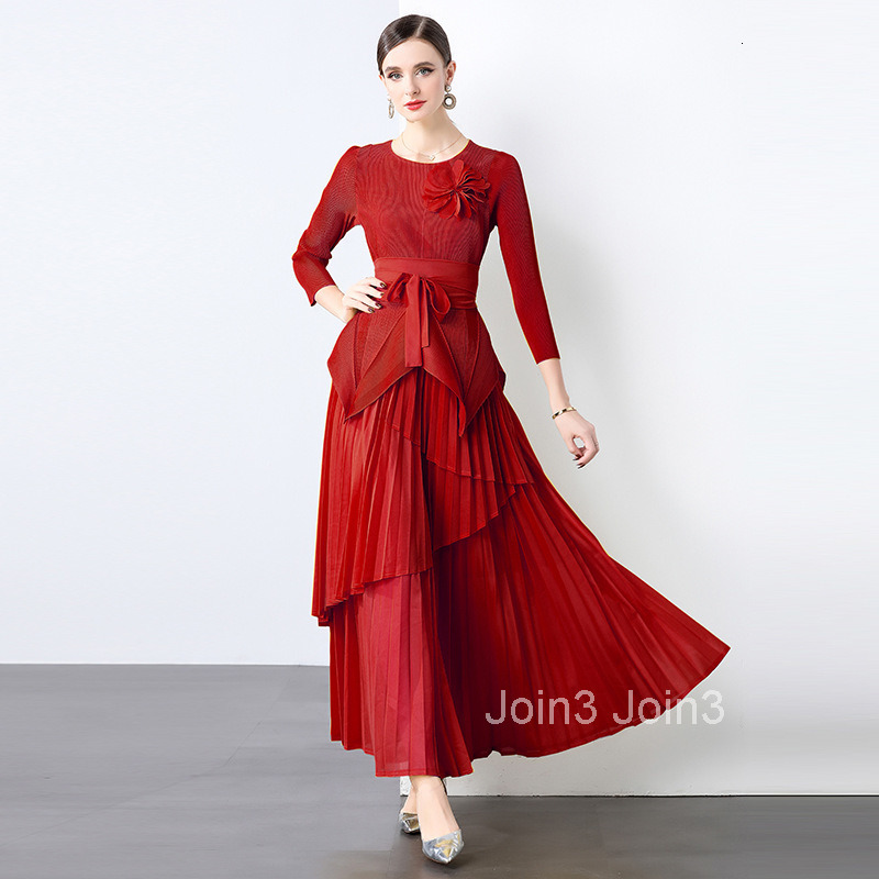1 Miyake Irregular Top Long Skirt Set Womens Autumn Pleated Plus Size Skirt Two-piece Set