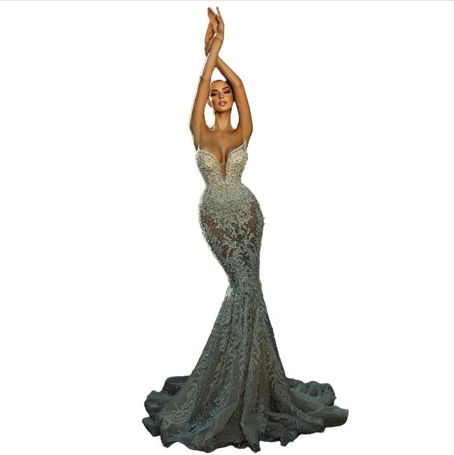 Sexy V Neck Mermaid Evening Dresses Elegant Strapless Sequins Prom Dress Floor Length Beads Formal Party Gowns