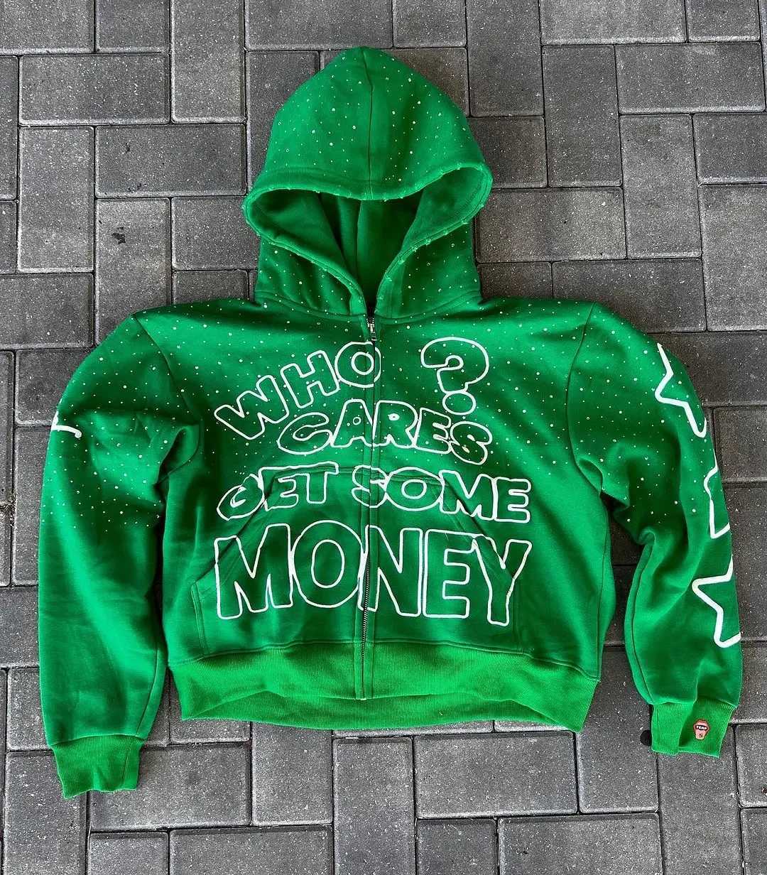 2024 American New Trend Who Cares Get Some Money Printed Zipper Sweater Mens and Womens Y2K Harajuku Hip Hop Goth Casual Coat W250222