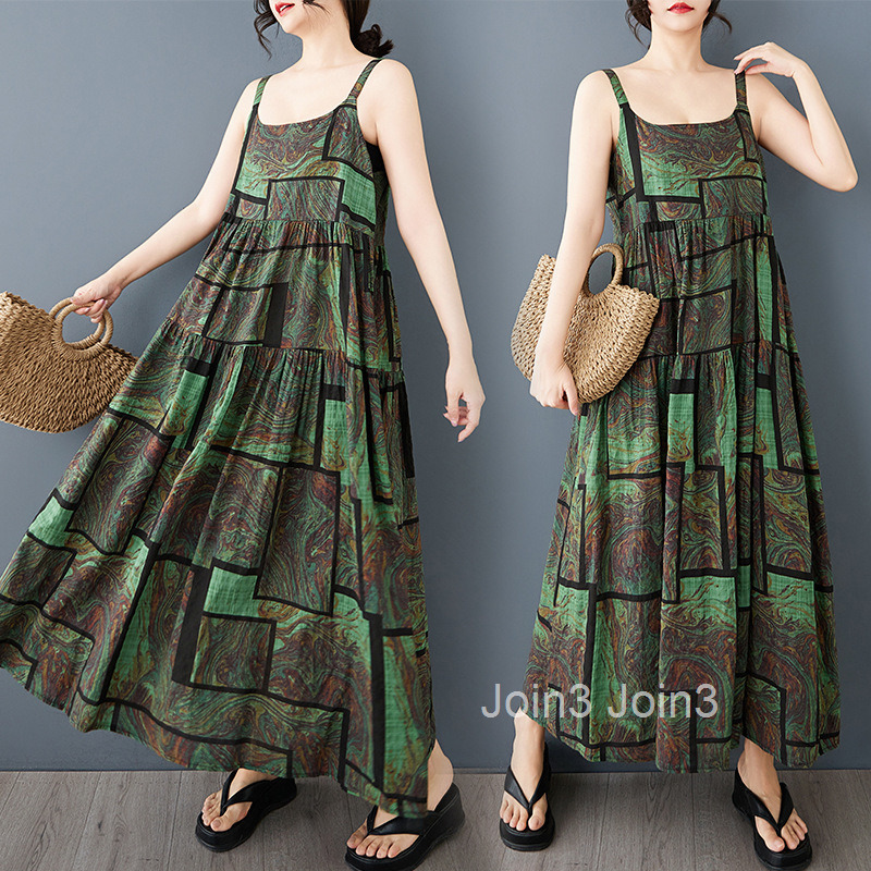 Spring/Summer New Printed Strap Skirt Loose Large Ethnic Style Casual Word Dress