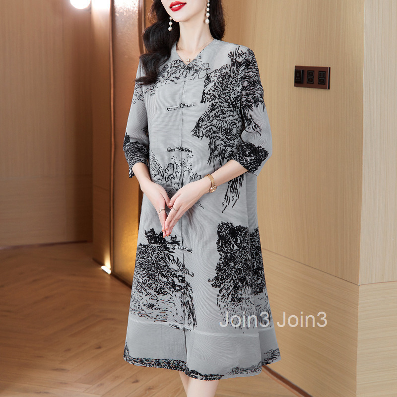 Miyake New Chinese Style Dress 2024 Spring and Autumn New Printed Plate Buckle Cardigan Folded Skirt Womens Wear