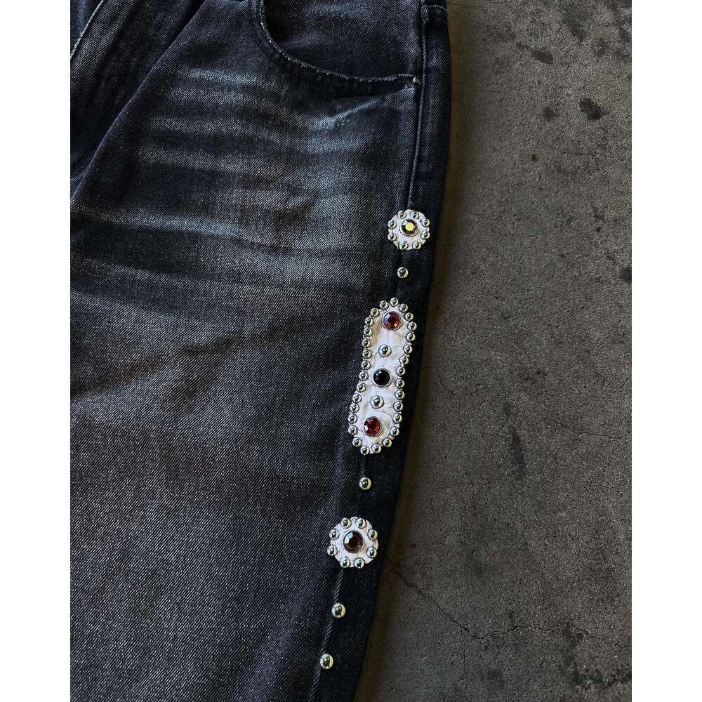 Punk Vintage Rhie Embellished Black Y2k American Style Streetwear Baggy Wide Leg Jeans Men Women Ripped Denim Pants
