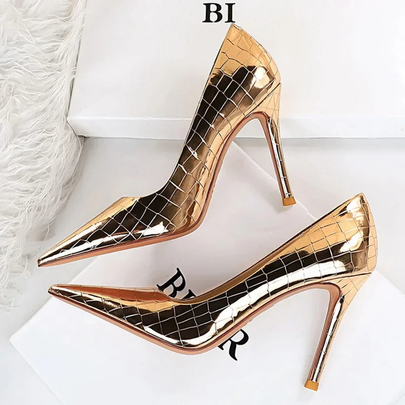 Women 10cm High Heels Pumps Lady Stiletto Metallic Bronze Leather Scarpins Wedding Heels Party Silver Gold Nightclub Retro Shoes 250221