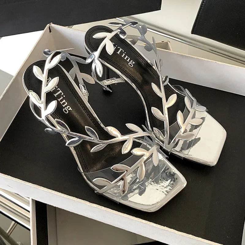 Gold Silver Design High Heels Women Summer Open Toe Footwear Foliage Decorate Luxury Party Dance Shoe Fashion Sandalias De Mujer 250221