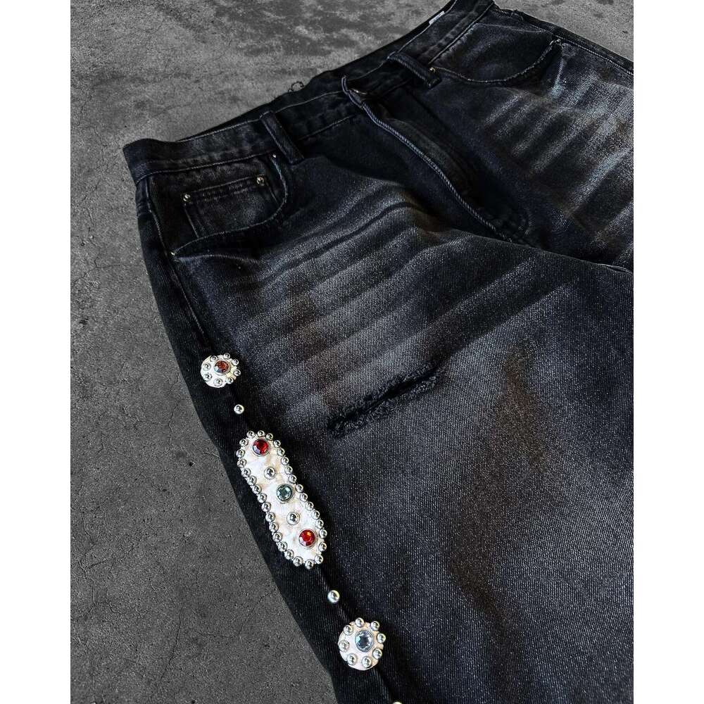 Punk Vintage Rhie Embellished Black Y2k American Style Streetwear Baggy Wide Leg Jeans Men Women Ripped Denim Pants
