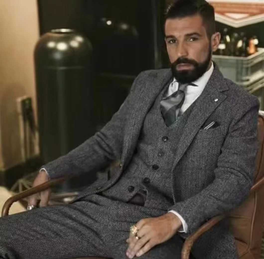 Mens Suit 3 Pieces Blazer+Vest+Pants Formal Two Herringbone Dress Suit Prom Tuxedos Groomers Wedding DressesXJ250222