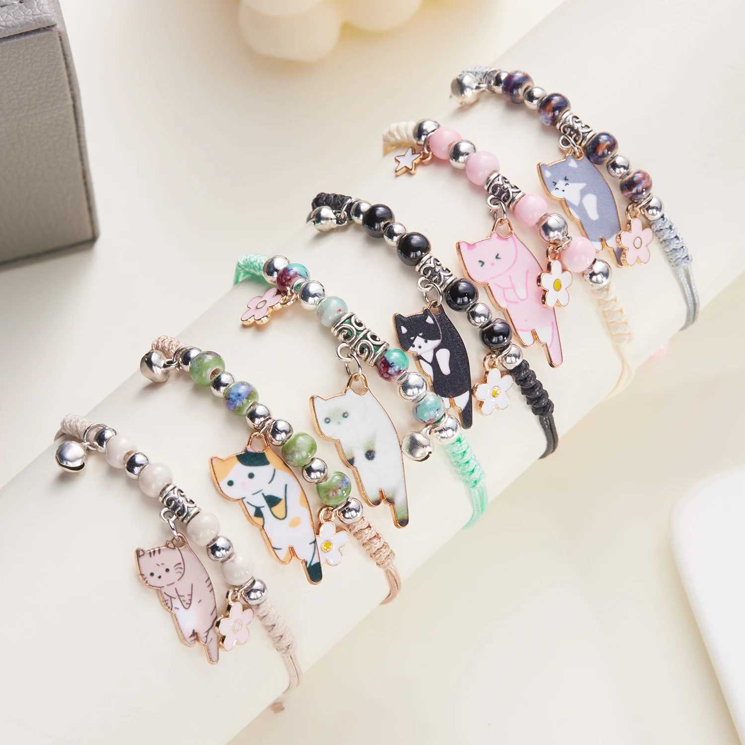 Cartoon enamel animal cat flower bracelet for girls children women charm pet sling rope bracelet handmade friendship jewelry W250221