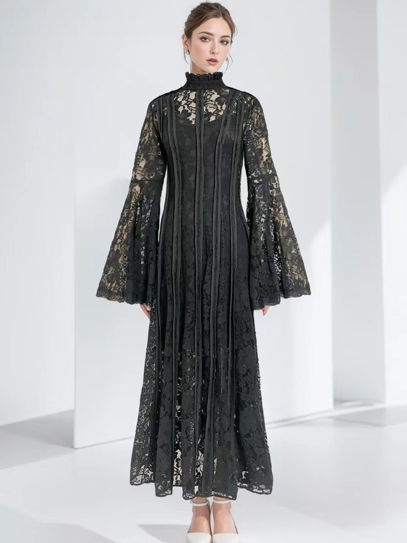 MU23130 Foreign trade cross-border 2023 autumn new style stand-up collar trumpet sleeve lace patchwork waist long dress for women