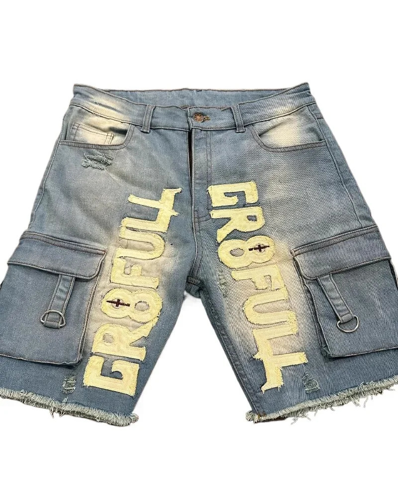 2024 Retro Gothic Trend American Letter Embroidery Tooling Denim Shorts Y2K Harajuku Hip Hop Loose Sports Street Wear 250214Z