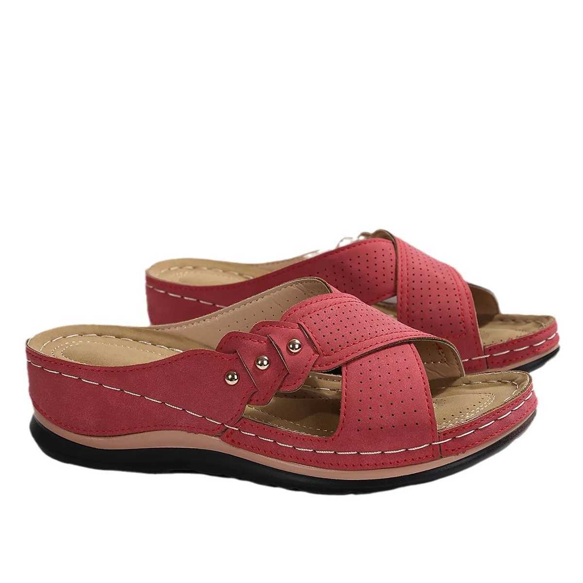 Vintage Mid Heel Strappy Back Open Toe Slide Sandals - Soft Faux Leather Upper Comfy PU Sole Comfortable Shoes for WomenXJ250221
