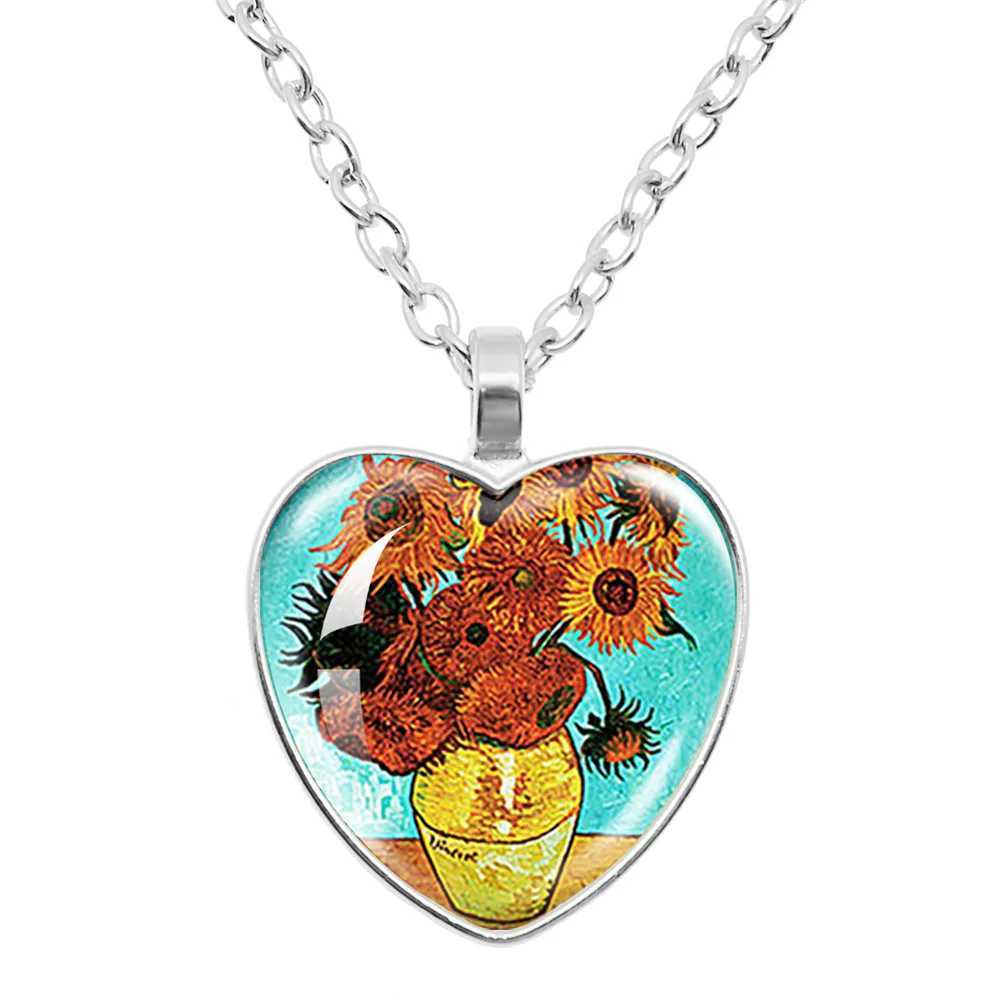 Fashion Van Gogh Art Starry Night Sunflower Necklace Glass Cabocon Painting Heart Pendant Printed Photo Necklace W250221