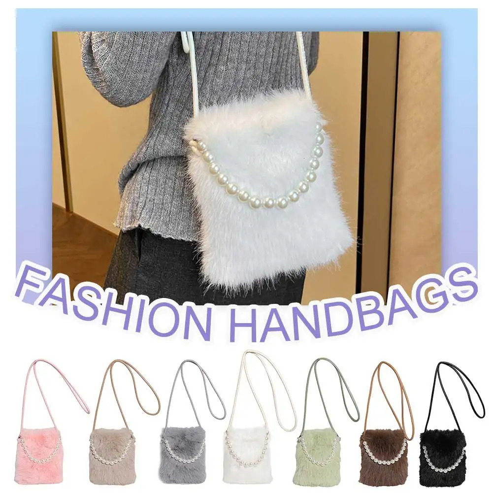 Women Faux Fur Shoulder Bag Pearl Chain Crossbody Clutch Purse for Travel Party 250218