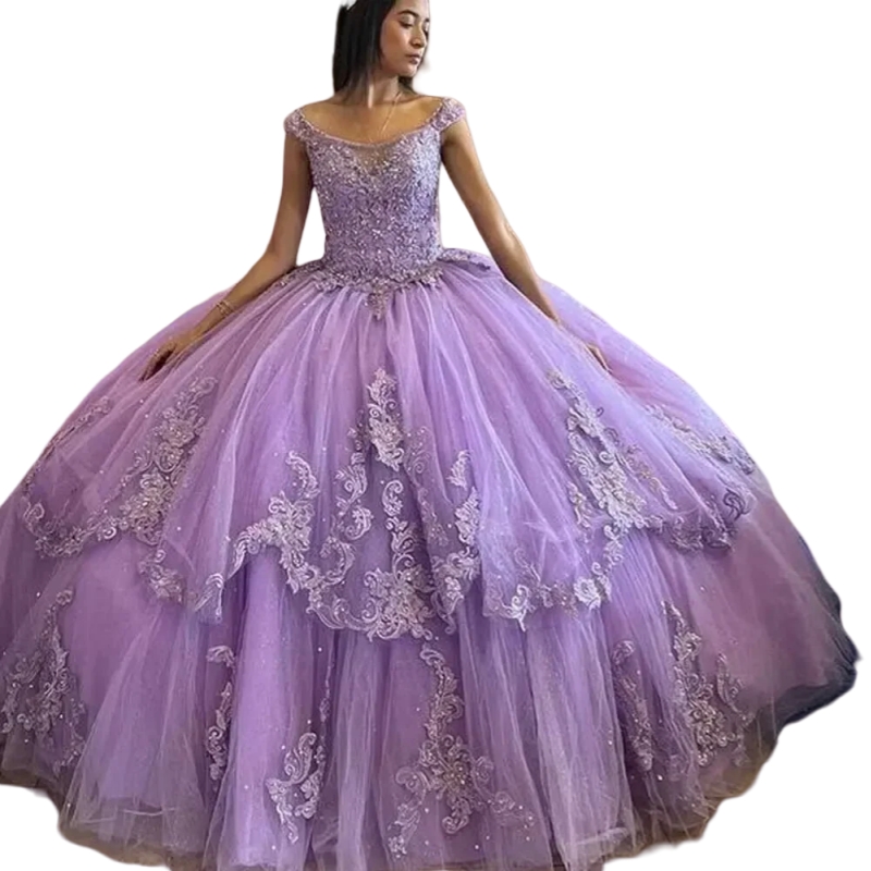 Lilac Tulle Ball Gown Quinceanera Dresses Straps Sleeveless Corset Sweet 16 Gowns Lace Appliques Beaded Long Birthday Party Dress For Girls 2025