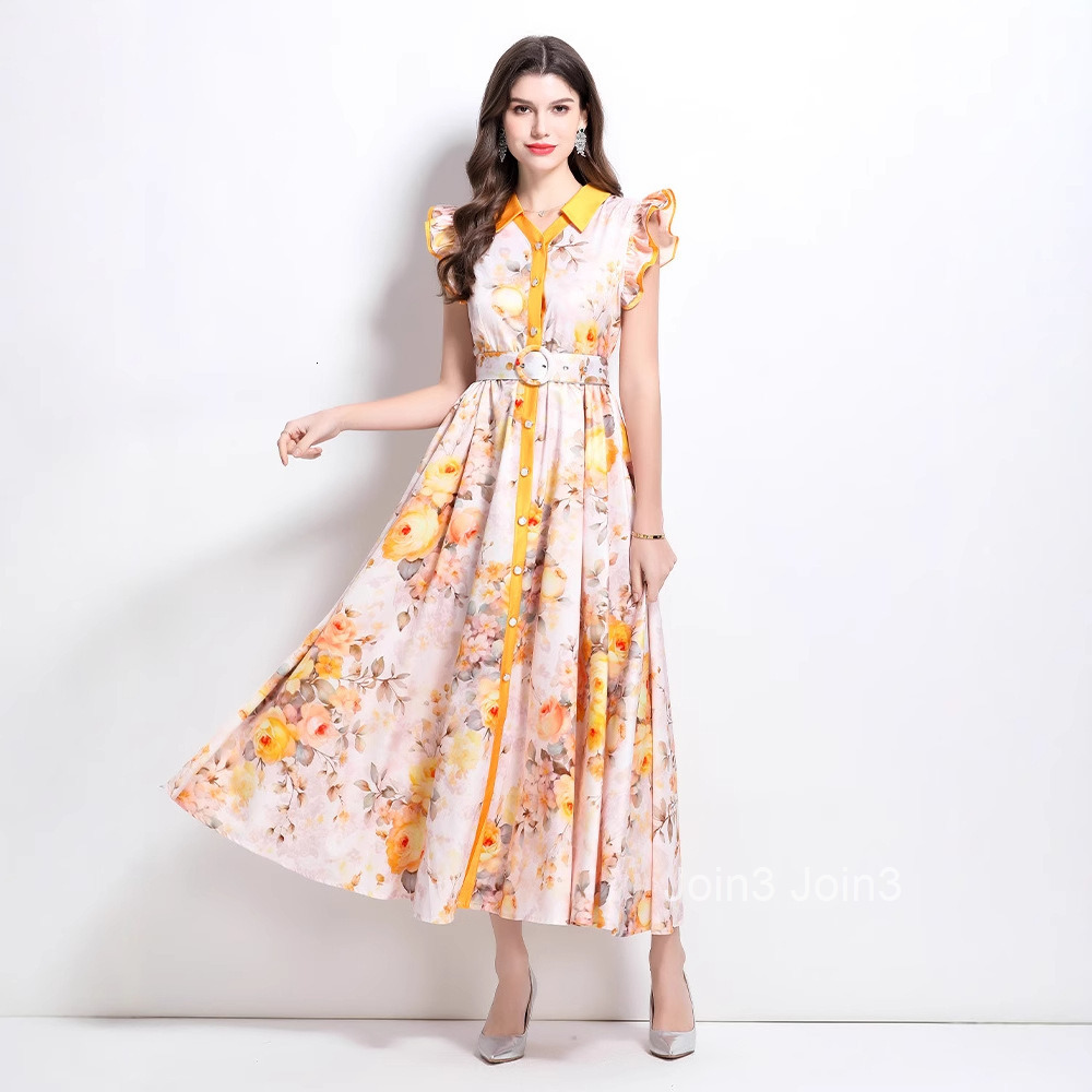 Spring/summer New Womens Clothing Style Flower Pattern Flying Sleeve Ruffle Edge Large Swing Long Dress