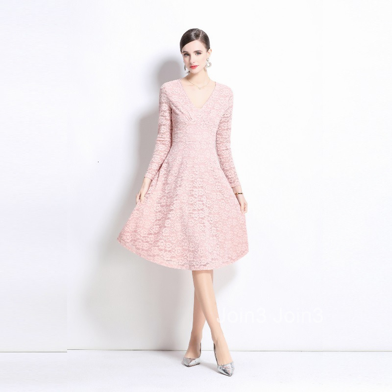 Spring New Womens Clothing Sweet Temperament V-neck Long Sleeved Slim Fit Lace Long Skirt Dress