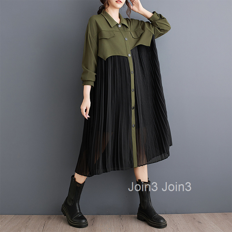 autumn new niche long sleeved shirt skirt loose patchwork pleated dress fashionable contrasting mid length skirt
