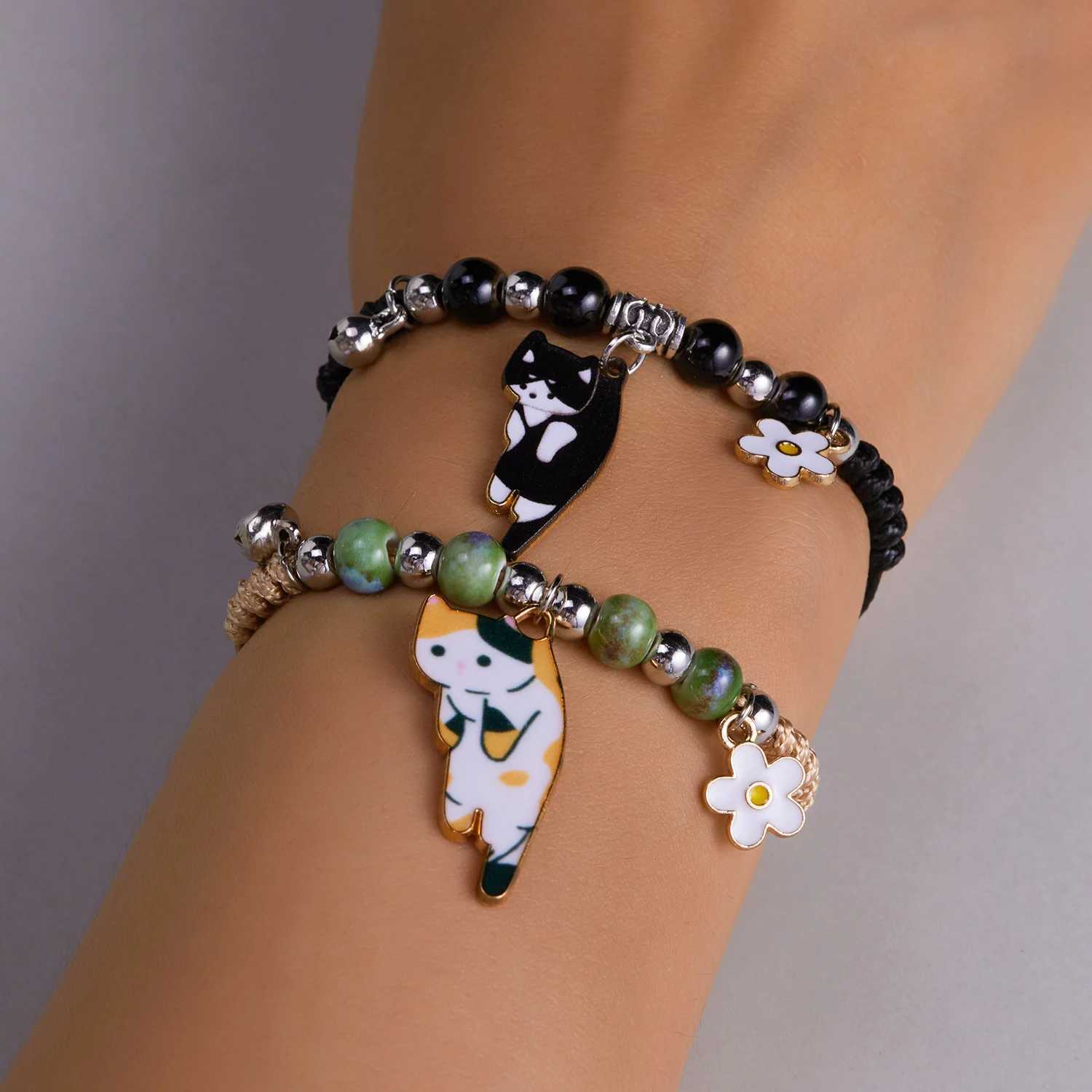 Cartoon enamel animal cat flower bracelet for girls children women charm pet sling rope bracelet handmade friendship jewelry W250221