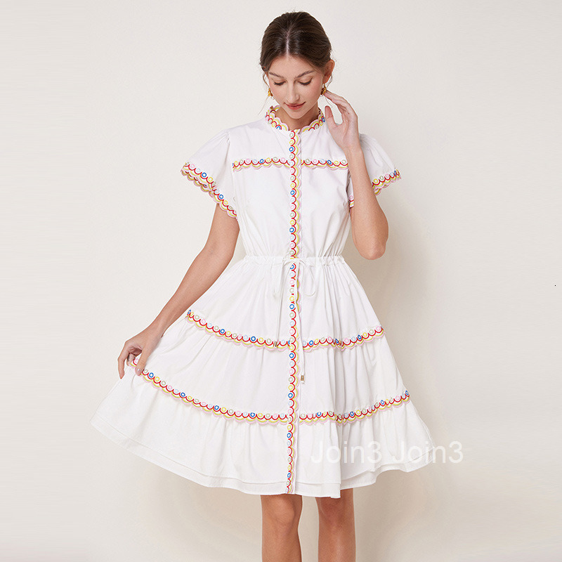 French style stand up collar colorful embroidery drawstring slim fit look at dress