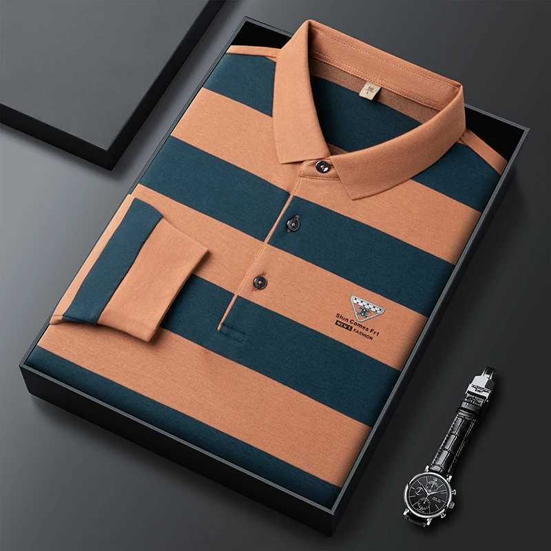 Men's Polos High end brand long sleeved mens polo shirt autumn fashion striped custom badge high-end design soft cotton casual T-shirt z250222