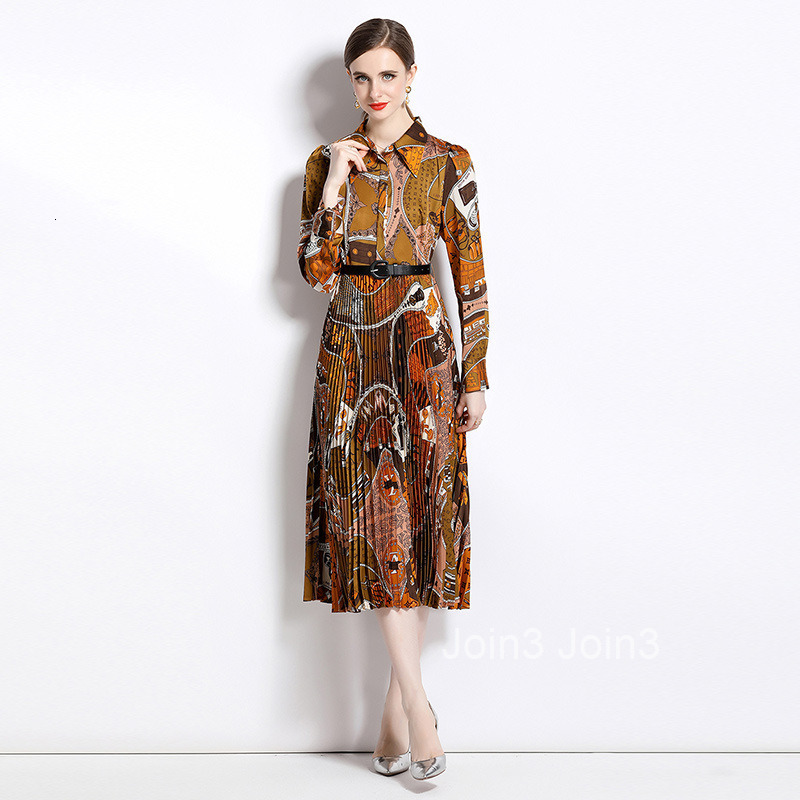 new French fashion printed heavy pleated long sleeved shirt dress