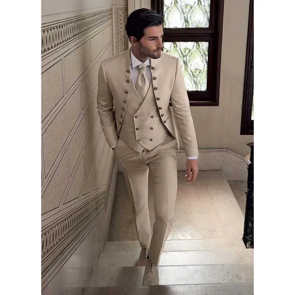 Beige Suits for Men 3 Piece Stand Collar Double Breasted Male Suit Slim Fit Causal Formal Elegant Groom Wedding TuxedoXJ250222