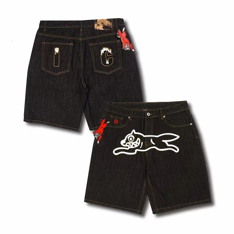 Dog Embroidered Jeans Men Shorts Skull Head Pocket High Elastic Feet Middle Pants Worn Out 3D Print Zipper Slim Fit Street2 250214Z