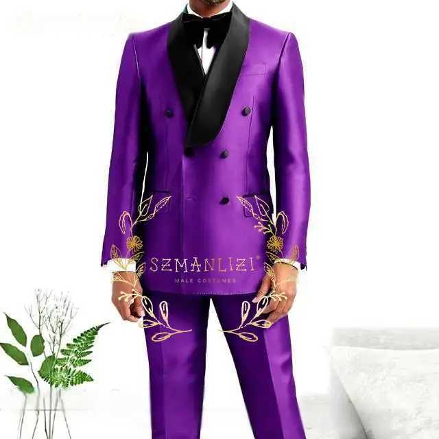 Silver Grey Satin Double Breasted Suits for Men Wedding Slim Fit Formal Groom Tuxedo Custom Made Suit Shinny Jacket PantsXJ250222