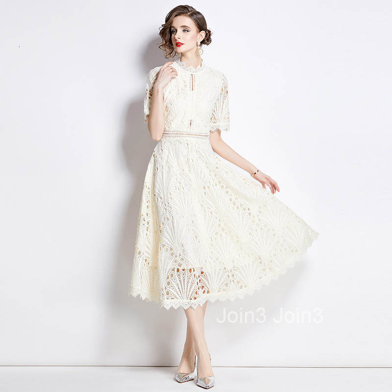 Summer New Womens Clothing Style Fashion Lace Dress Hook Flower Embroidery Large Swing Long Dress