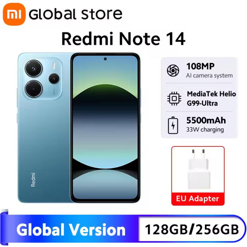 Global Version Xiaomi Redmi Note 14 Smartphone 128GB ROM MediaTek Helio G99-Ultra 108MP Camera 6.67" AMOLED 5500mAh