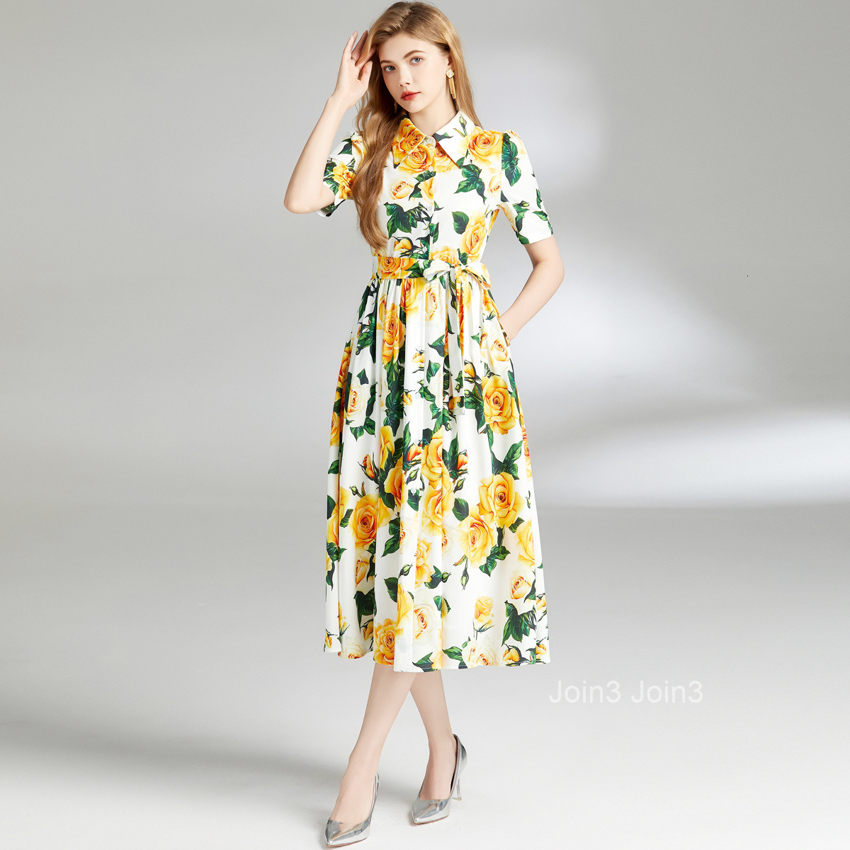 Summer New Womens Clothing Style Collar Short Sleeve Waist for Slimming Printed Long Dress