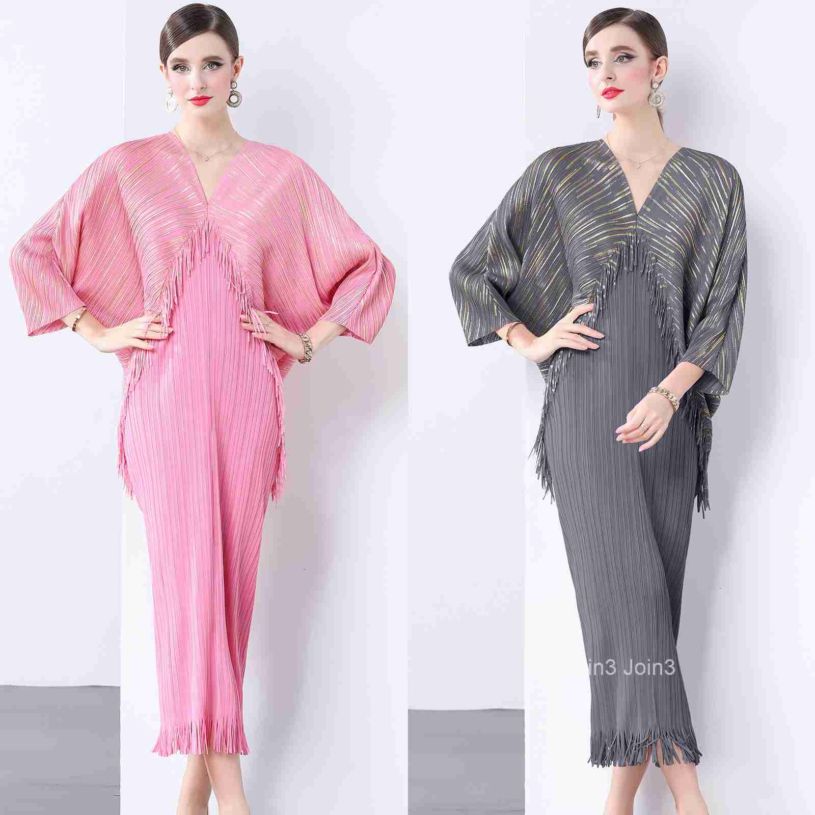 Spring and Autumn New Womens Elegant Dress Fashion V-neck Bat Sleeve Loose Folded Tassel Dress