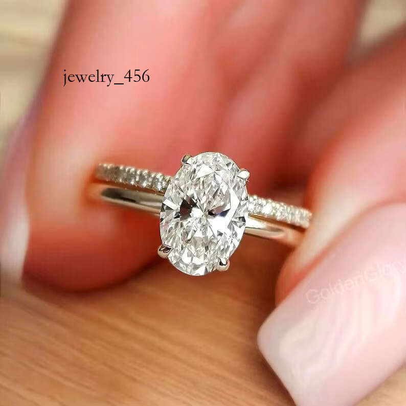 FOXI 2 Ct Oval Cut Moissanite Wedding 14k Gold Plated Bridal Engagement Set Art Deco Matching Stacked Bands Ring