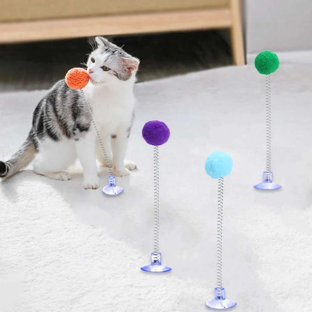 1pc Fur Ball Spring Toy Suction Cup Multicolored Teaser Wand Pet Interactive Cat Scratcher Toys Supplies Random Color