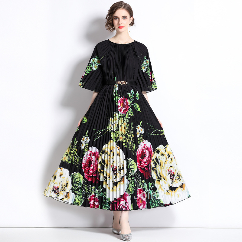 Summer New Womens Artistic Style Printed Mid Sleeve Round Neck Hundred Fold Large Swing Long Dress