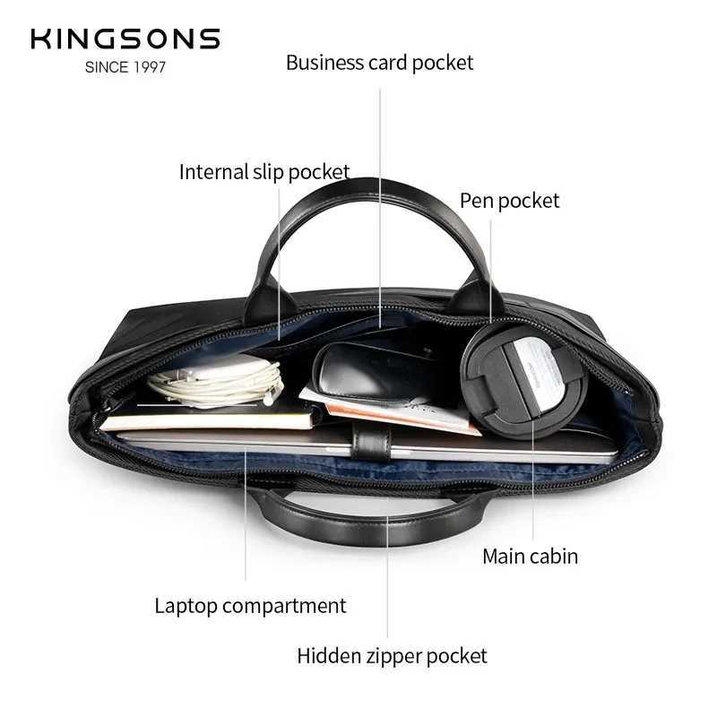 Kingsons 2024 Men Women Fashion Business Briefcase 15.6 inch Laptop Bag Waterproof Top-Handle Bag Classic Black Handbag Z250220