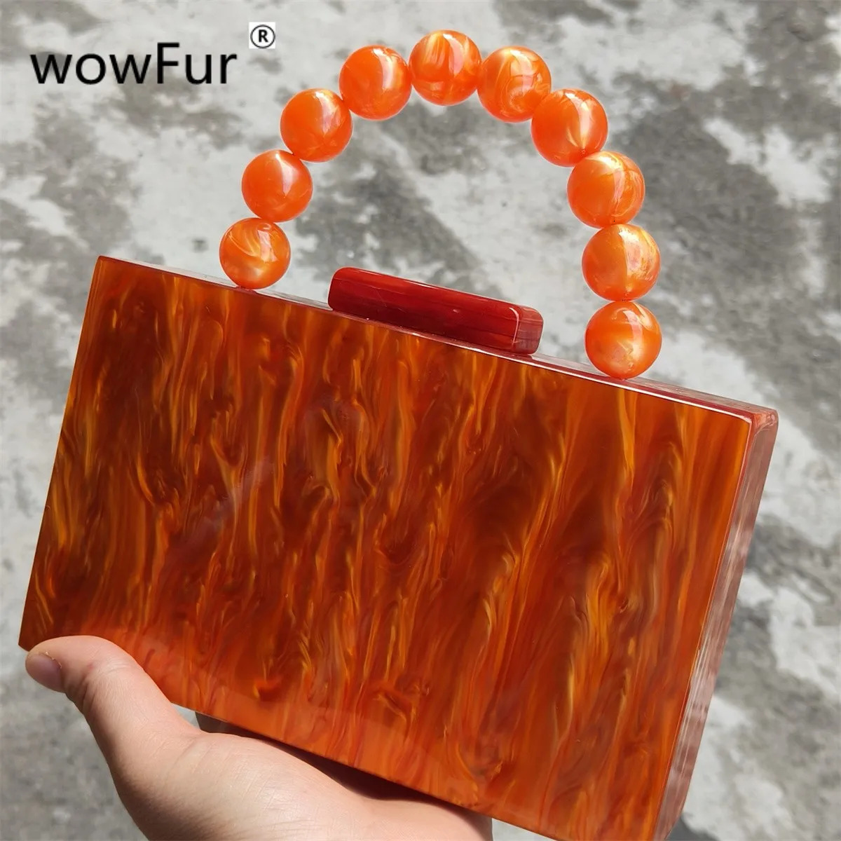 Bright Orange Marble Acrylic Box Evening Clutch Bags Women Chic And Elegant Resin Beaded Top Handle Mini Flap Purses And Handbag 250221