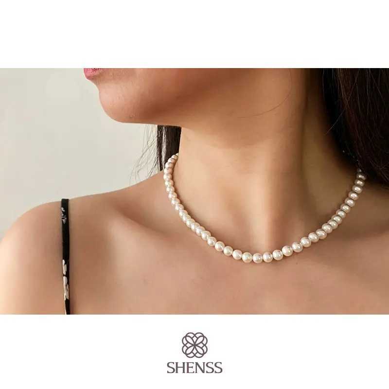 Elegant Silver 925 Jewelry Classic Temperature Wedding Necklace 4-10mm Shell Pearl Cream 925 Pure Silver ChainXJ250222