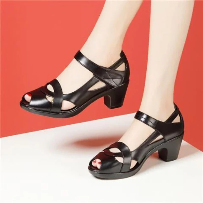 Roman sandals womens soft soled comfortable mothers shoes summer Pu leather fish mouth thick heel hollow non slip sandals 250218