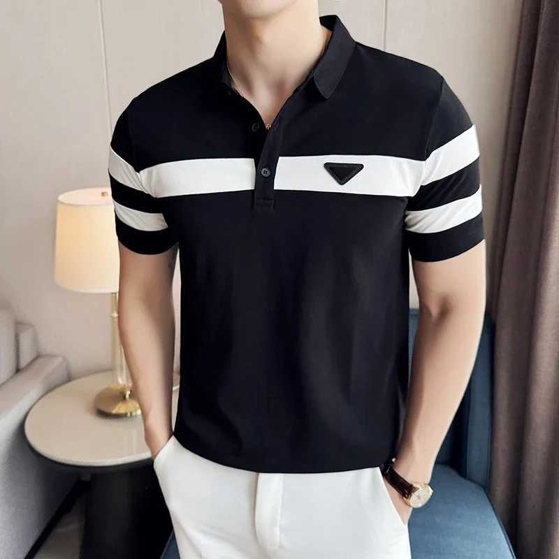 Men's Polos Mens Polo Shirt 2024 Summer New Light and Thin Breathable Striped Color Blocking Short Sleeved Casual Lapel T-shirt Mens Clothing z25