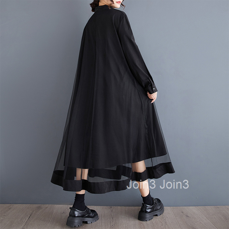Spring and Autumn New Trendy Big Swing Dress Fashion V-neck Casual Mesh Splicing Loose Dress
