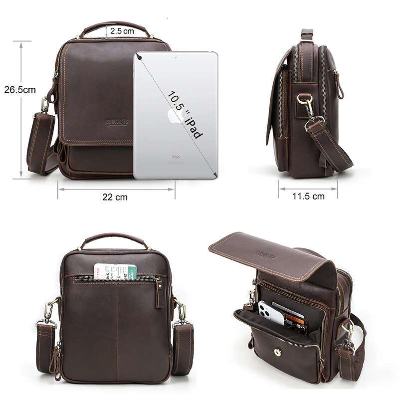 Contact's Crazy Horse Leather Men Messenge Bag Vintage Crossbody Shoulder Bags Multifunction Small Handbag For 10.5 Ipad Bolso