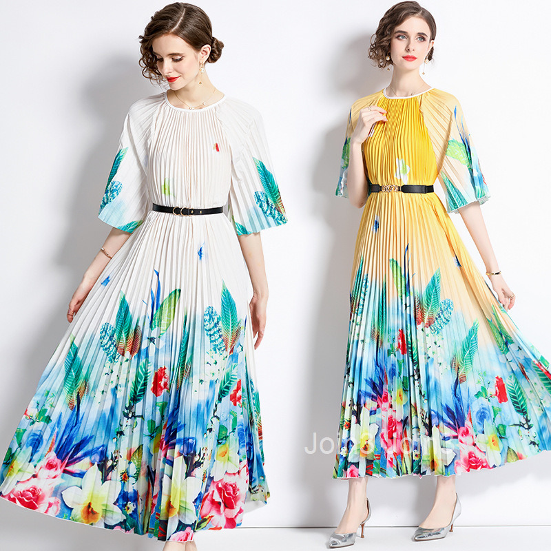 Summer New Womens Artistic Style Printed Mid Sleeve Round Neck Hundred Fold Large Swing Long Dress
