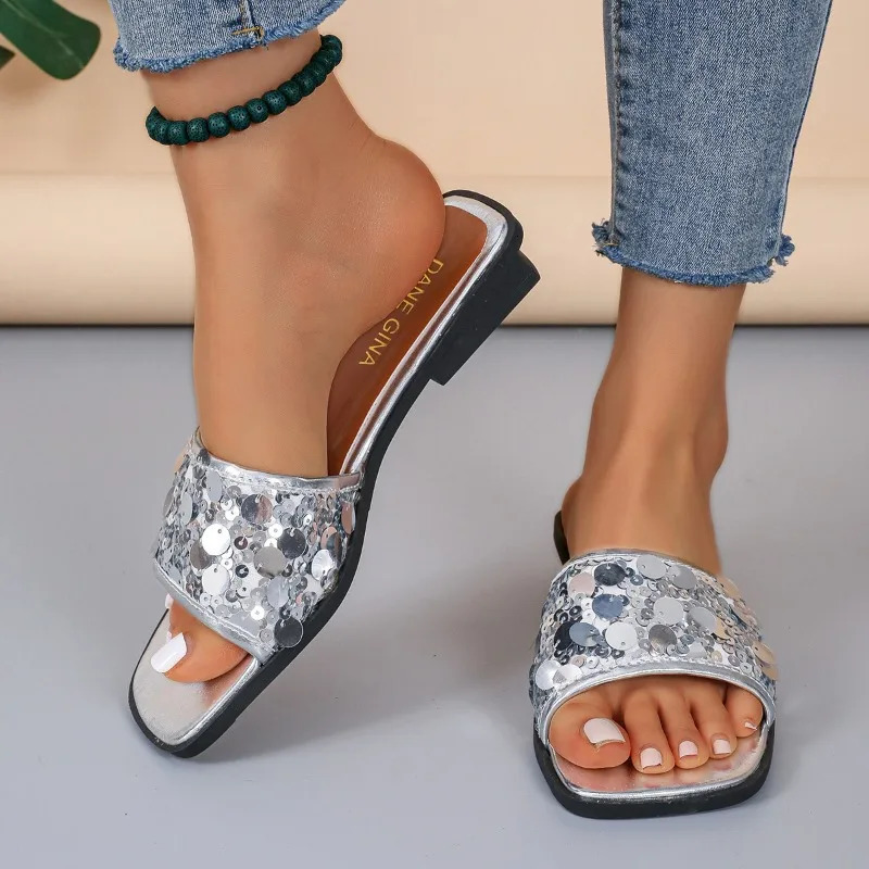 Shoes for Women Open Toe Womens Slippers Square Toe Modern Slippers Women Rhinestones Crystal Shoes Female Zapatos Mujer 250221