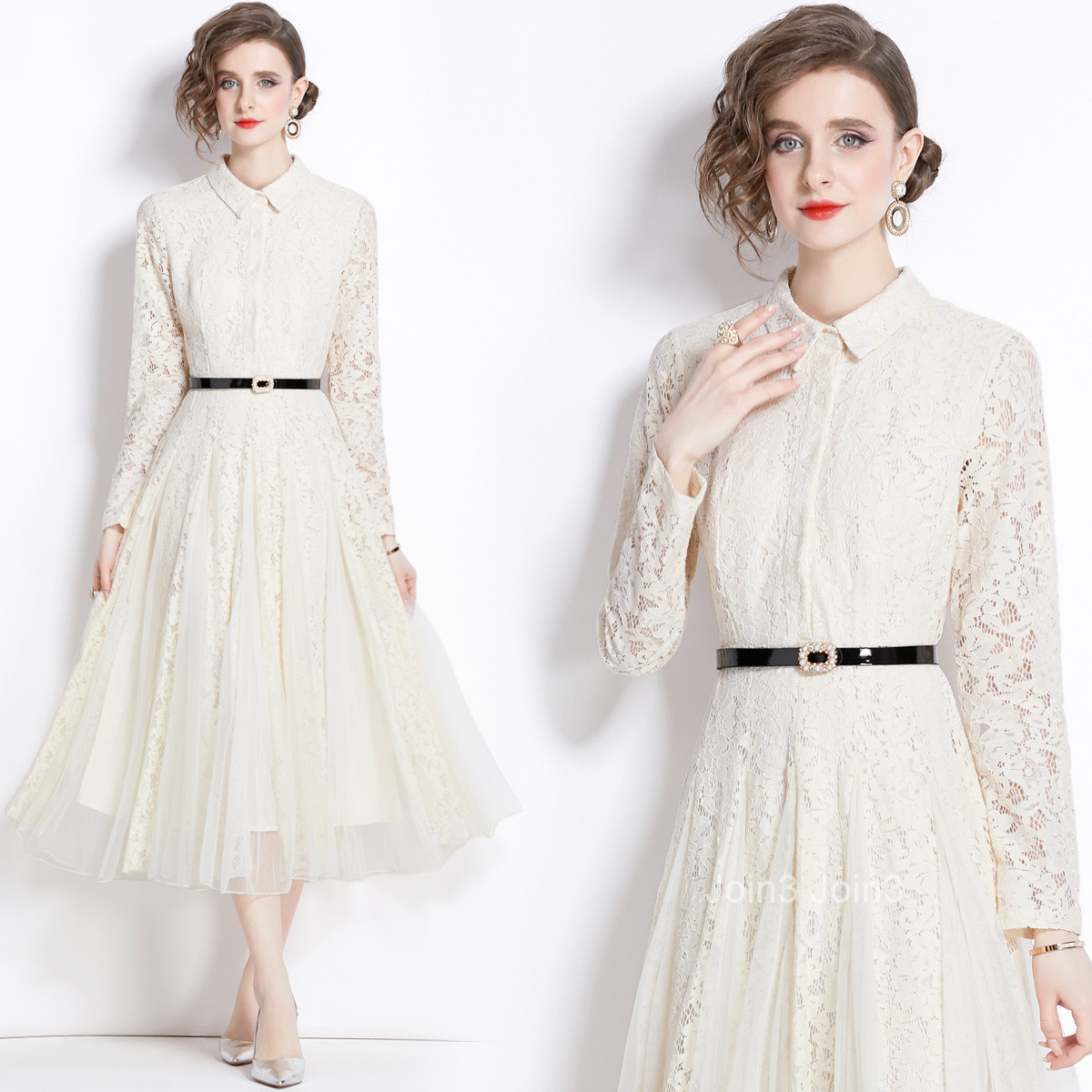 Spring and Autumn New Womens Clothing Elegant Long Skirt with Waist Collection Mesh Splicing Lace Large Swing Dress